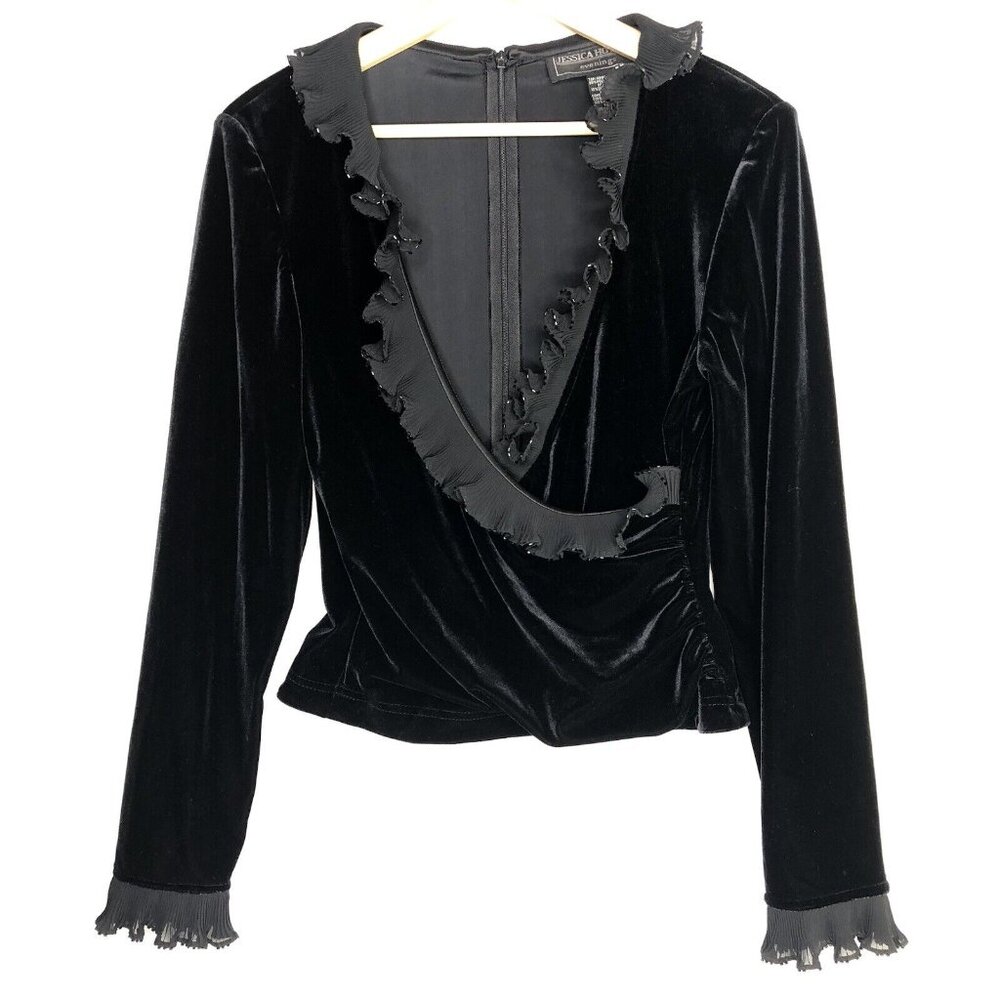 Y2K Jessica Howard Black Velvet Top Sz 6 V Neck Dark Romance Ruffles Beaded Trim